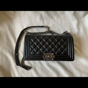 Black leather quilted chain strap crossbody bag